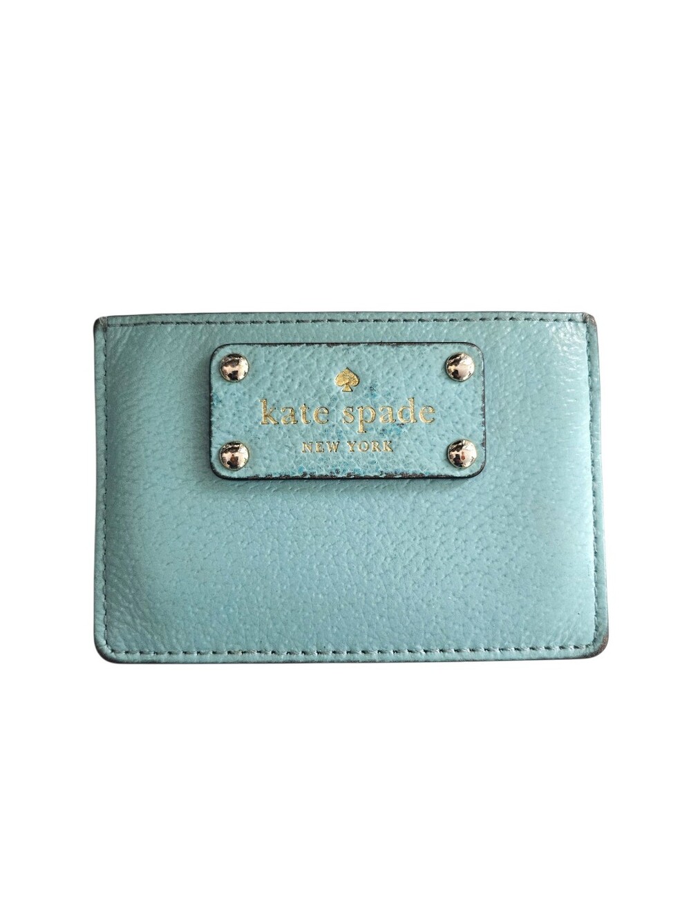 kate spade Aqua Blue Pebbled Leather Card Case with Gold Plaque